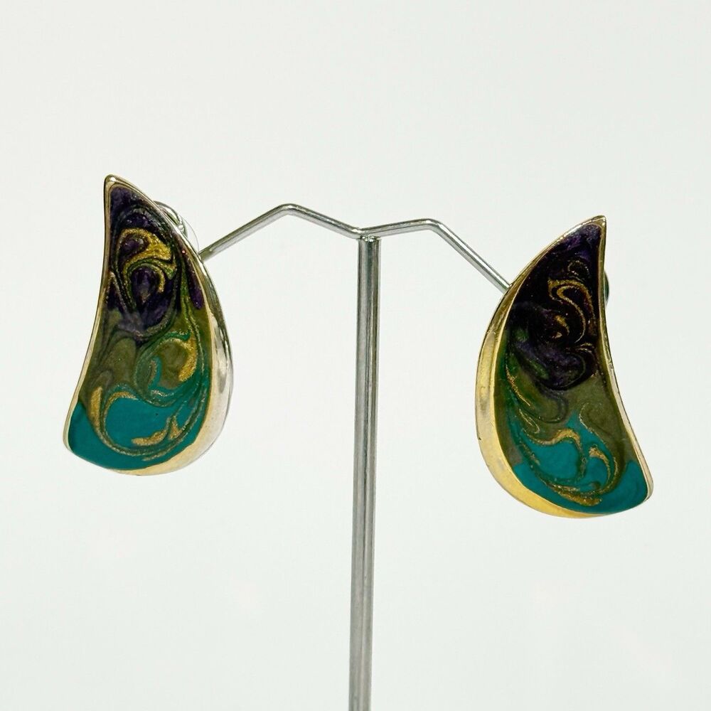 Vintage Enamel Teardrop Earrings Gold Tone Purple Green Blue Abstract Art - Picture 11 of 16
